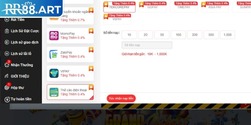 Nạp rút tiền RR88 qua thẻ cào điện thoại